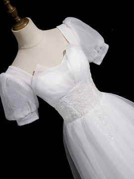 Cute White Tulle Short Sleeves Beaded Party Dress, A-line White Tulle Formal Dress