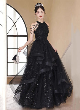 Pretty Black Tulle and Beaded Halter Formal Dress, A-line Black Prom Dress Evening Dress