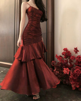 Wine Red Long Mermaid Straps Evening Dress Formal Dress, Wine Red Satin Prom Dress