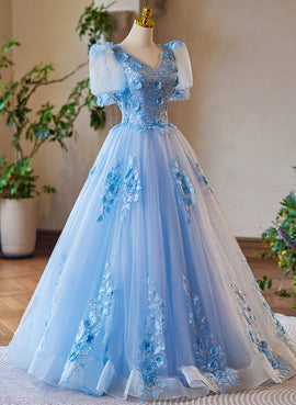 A-line Light Blue Tulle with Lace Short Sleeves Prom Dress, Tulle Evening Dress