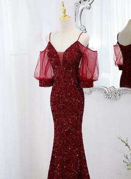 Wine Red Sequins Mermaid Long Party Dress, Wine Red Evening Dress Prom Dress