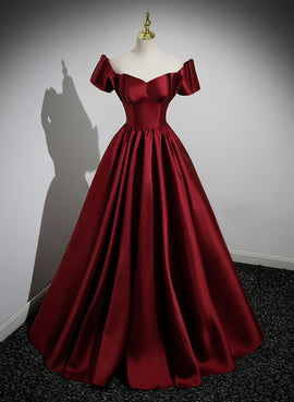 Wine Red Satin Short Sleeves Long Party Dress, Simple Wine Red Satin Prom Dress