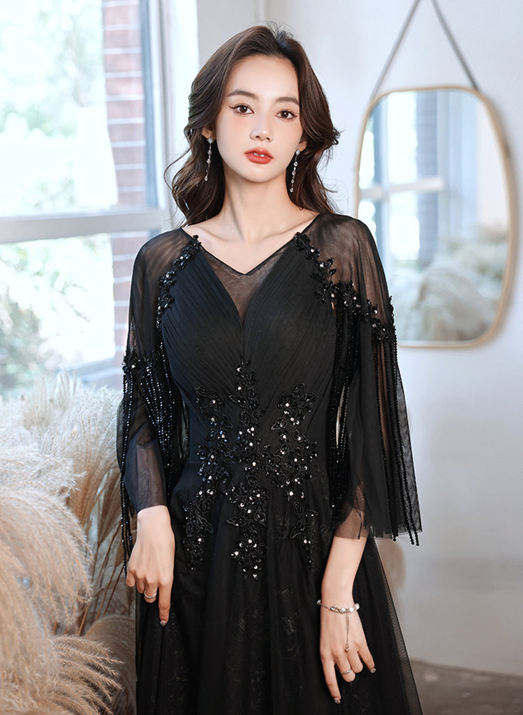 A-line Black Tulle Beaded Long Formal Dress, Black Tulle Prom Dress Ev