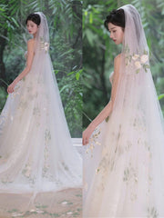 White Tulle with Lace Off Shoulder Long Formal Dress, White Long Wedding Party Dress