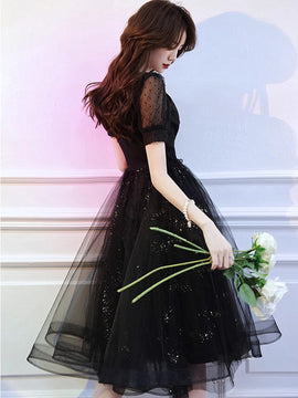 Lovely Black Tulle Short Sleeves A-line Homecoming Dress, Black Tulle Party Dress