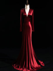 Wine Red Satin V-neckline Long Sleeves Formal Dress, Wine Red Evening Dress Prom Dress