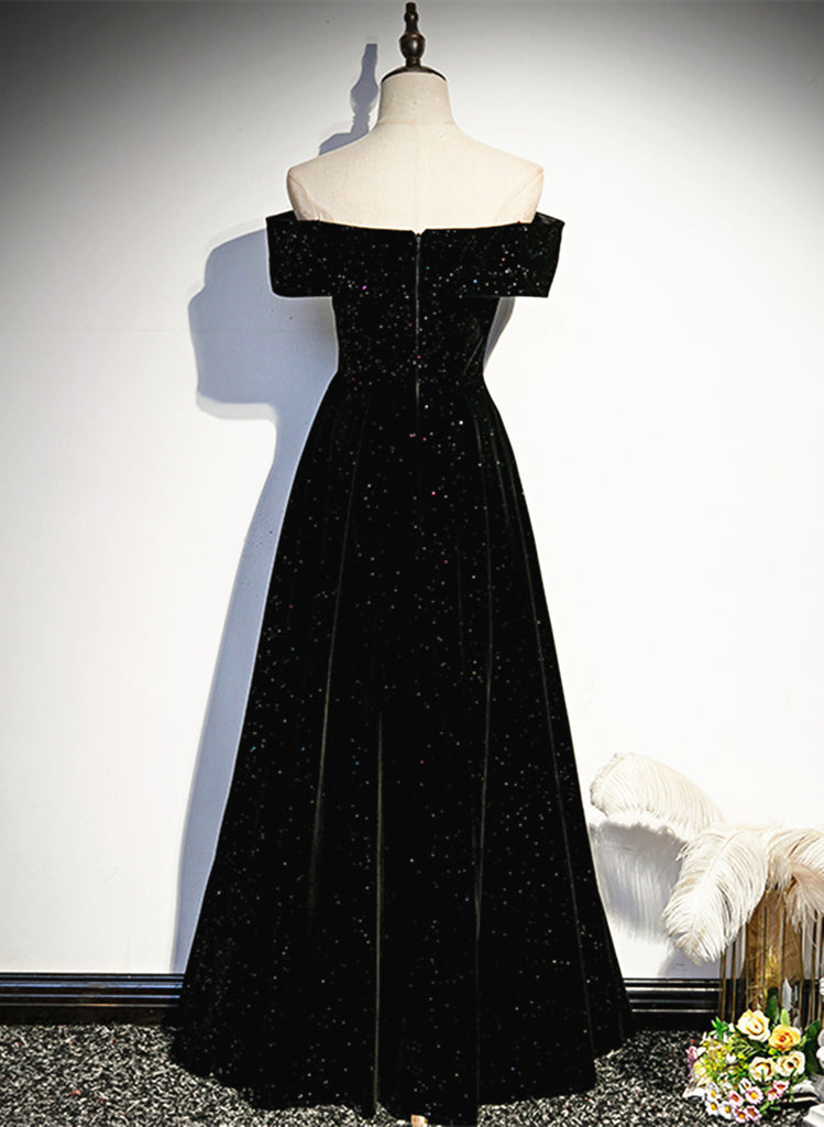 A-line Black Sweetheart Off Shoulder Long Velvet Prom Dress, Black Eve