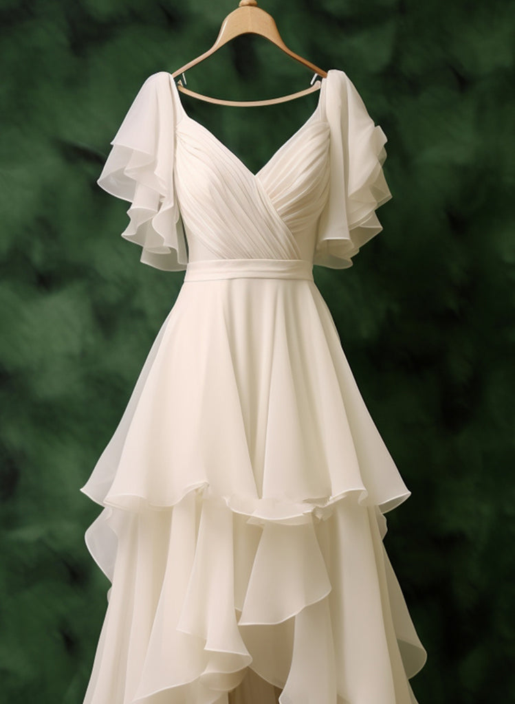 White Chiffon High Low Short Sleeves Party Dress, White Chiffon Weddin