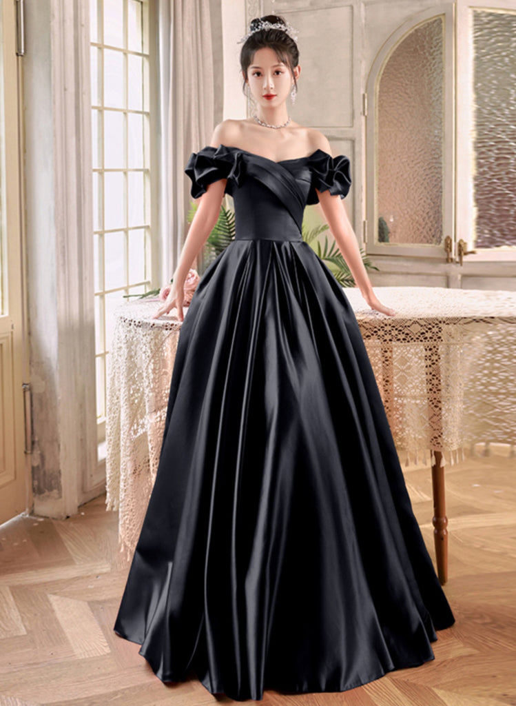 Black Satin Off Shoulder Long Formal Dress Evening Dress, Black Satin