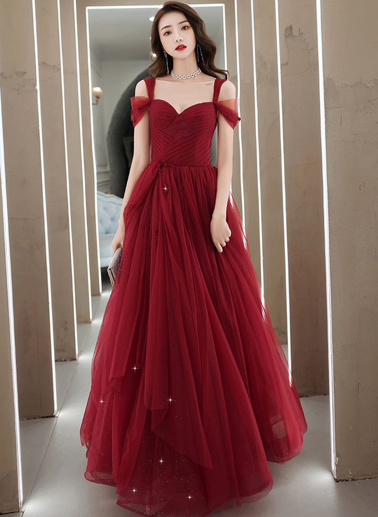 Wine Red Tulle High Low Short Sleeves Party Dress, Wine Red Tulle Prom Dress