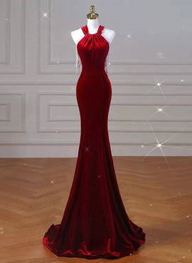 Wine Red Halter Backless Velvet Mermaid Party Dress, Wine Red Evening Dress Prom Dress