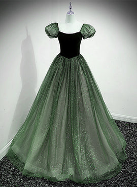 Green Shiny Tulle Short Sleevse Long Formal Dress, Green A-line Prom Dress Party Dress