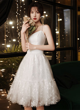 White Satin and Lace Straps Short Party Dress, White Lace Homecoming Dress