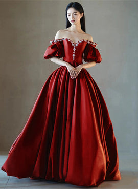Wine Red Satin Sweetheart Beaded Long Prom Dress, Wine Red Evening Dress