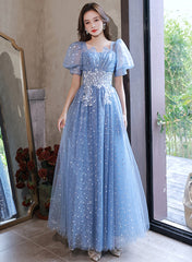 Light Blue Tulle A-line Floor Length Formal Dress, Light Blue Evening Dress Party Dress
