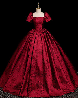 Wine Red Short Sleeves Floral Satin Scoop Party Dress, Wine Red Satin Evening Dress