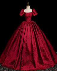 Wine Red Short Sleeves Floral Satin Scoop Party Dress, Wine Red Satin Evening Dress