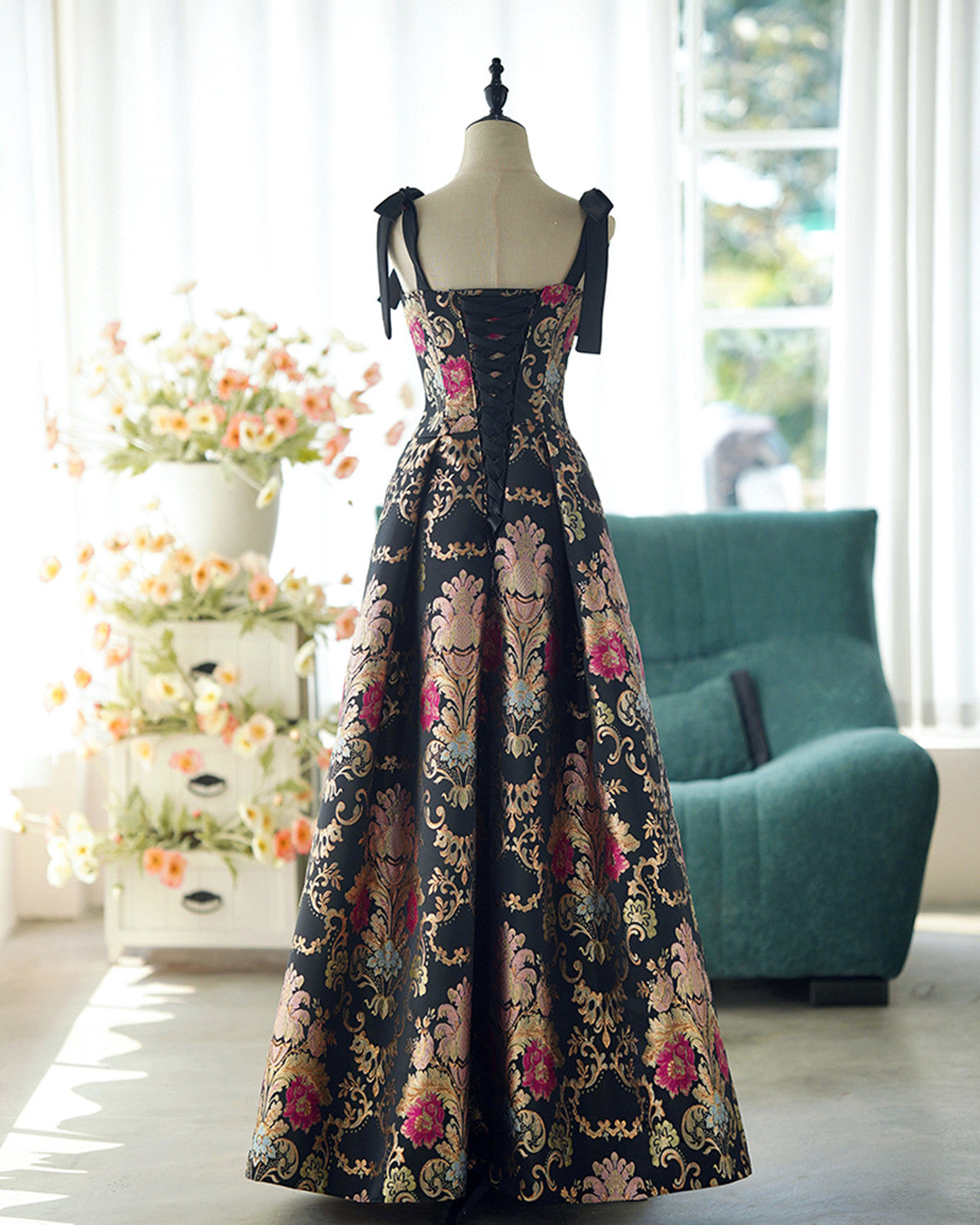 Black A-line Satin Straps Long Party Dress, Black Floral Satin Prom Dress