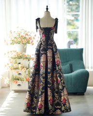 Black A-line Satin Straps Long Party Dress, Black Floral Satin Prom Dress