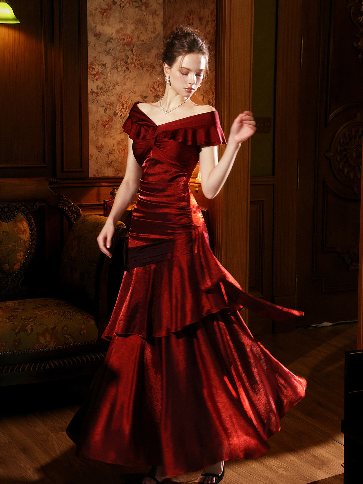 Wine Red Satin Layers Off Shoulder Long Prom Dress, Wine Red Sweetheart Evening Dress