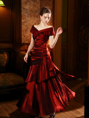 Wine Red Satin Layers Off Shoulder Long Prom Dress, Wine Red Sweetheart Evening Dress