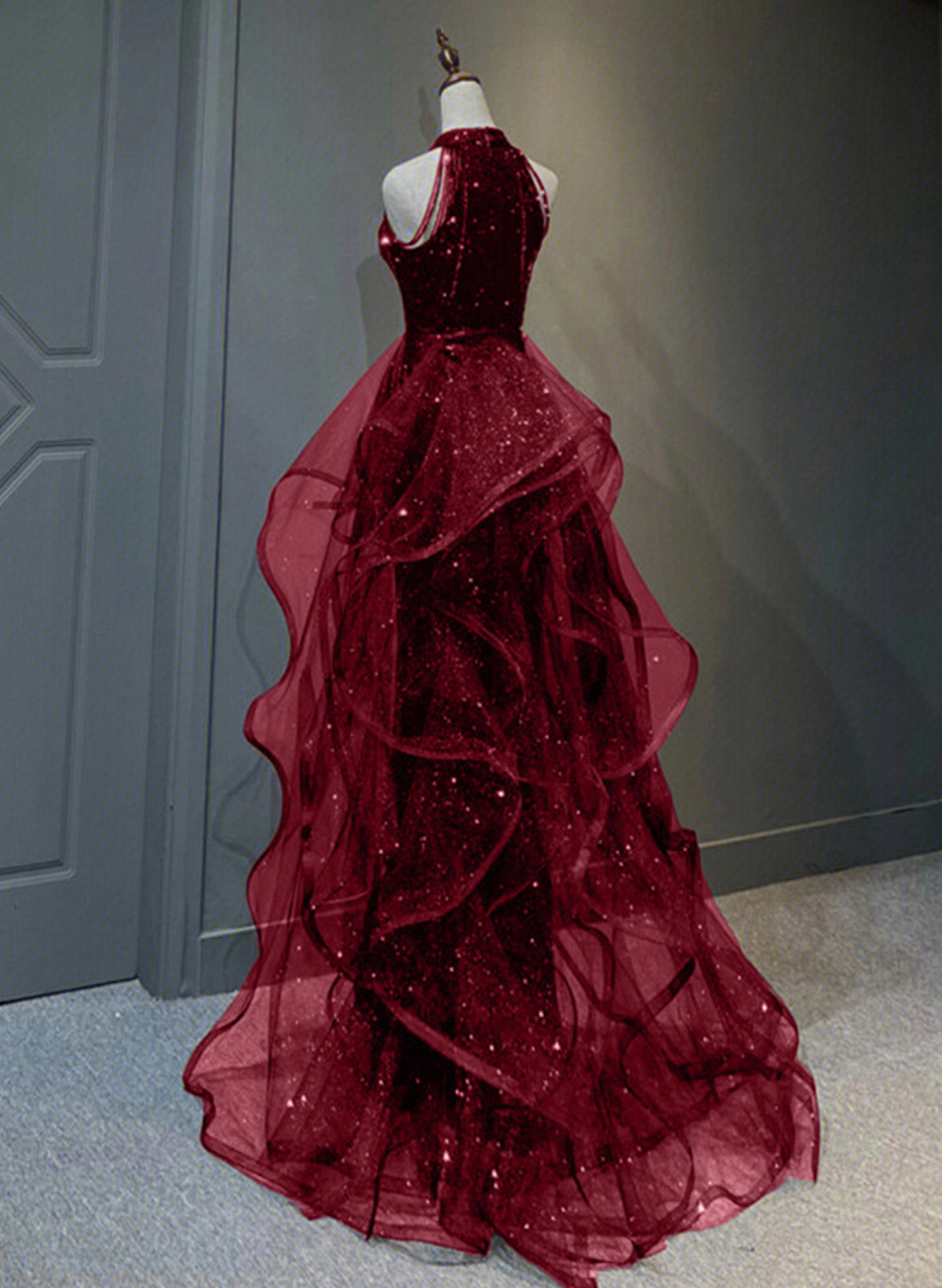 red halter top prom dress Wine Red Sequins with Tulle Long Party Dress, Wine Red Halter Evening – Cutedressy