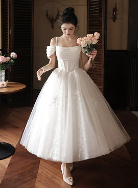 White Beaded Off Shoulder Tulle Wedding Party Dress, White Formal Dress Evening Dress
