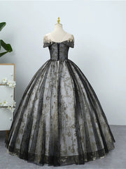 Black Tulle And Lace Round Neckline Party Dress, Black Long Lace Prom Dress