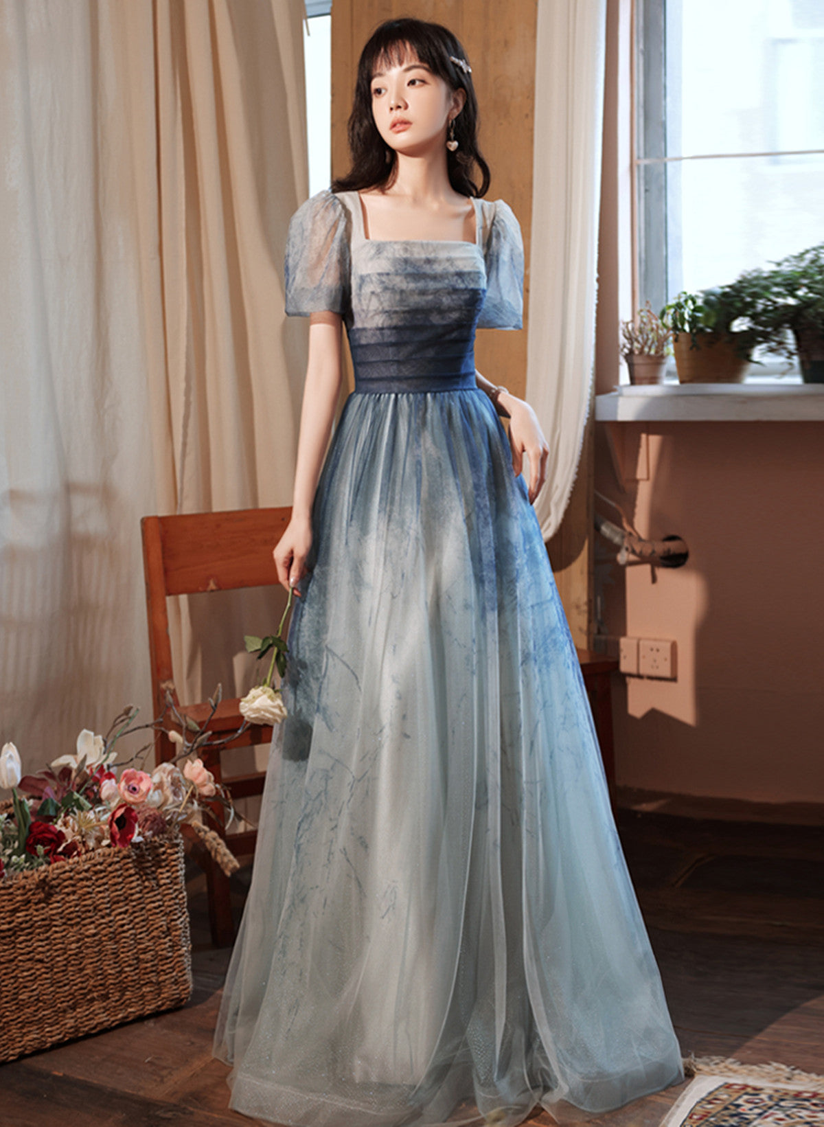 Blue Short Sleeves Gradient Tulle Long Party Dress, Blue Long Formal Dress Evening Dress