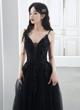 A-line Black Tulle V-neckline Straps Long Party Dress, Black Tulle Prom Dress