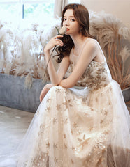 A-line Tulle Round Neckline Champagne Prom Dress, Champagne Evening Dress