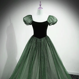 Green Shiny Tulle Short Sleevse Long Formal Dress, Green A-line Prom Dress Party Dress