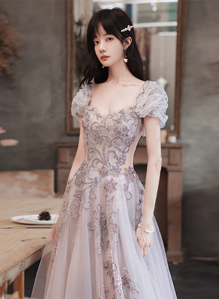 Lovely Tulle Short Sleeves Long A-line Party Dress, Tulle Evening Dres