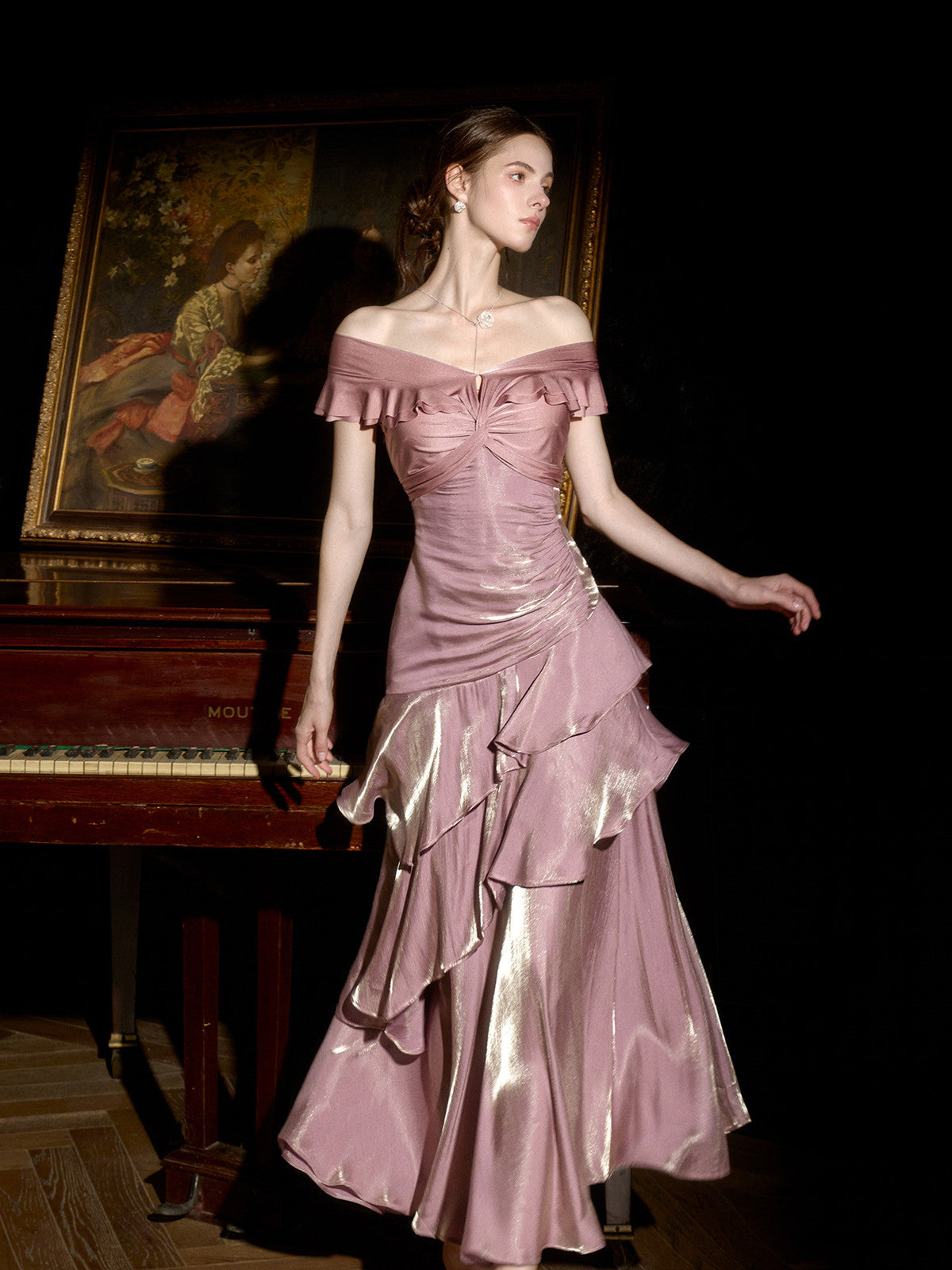 Pink Off Shoulder Layers Long Formal Gown, Elegant Pink Floor Length Evening Dress Formal Dress