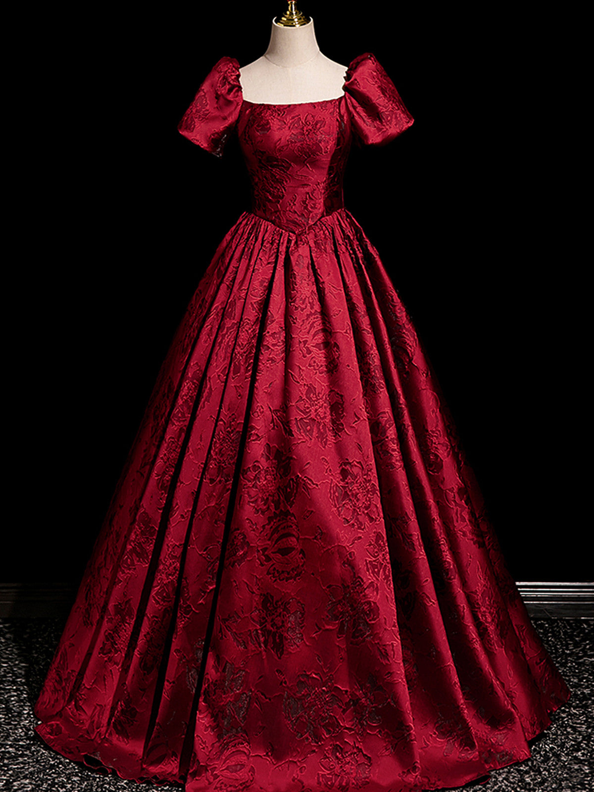 Wine Red Short Sleeves Floral Satin Scoop Party Dress, Wine Red Satin Evening Dress
