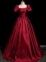 Wine Red Short Sleeves Floral Satin Scoop Party Dress, Wine Red Satin Evening Dress