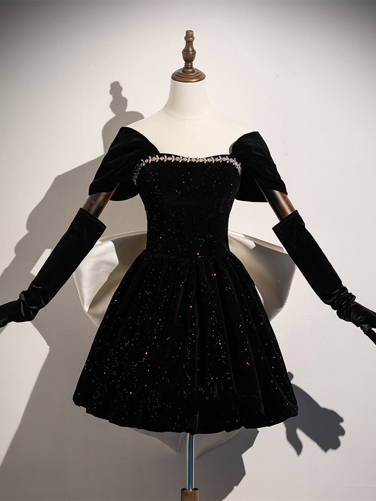 Cute Black Velvet A-Line Party Dress with Off-Shoulder Sleeves, Black Velvet Homecoming Dress