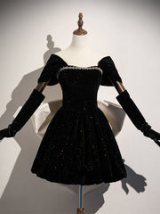 Cute Black Velvet A-Line Party Dress with Off-Shoulder Sleeves, Black Velvet Homecoming Dress