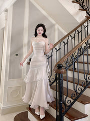 White Satin Sweetheart Mermaid Straps Long Party Dress, White Satin Prom Dress