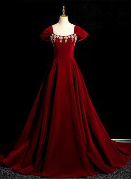 Wine Red Velvet Long Formal Dress with Beadings, Wine Red Prom Dress