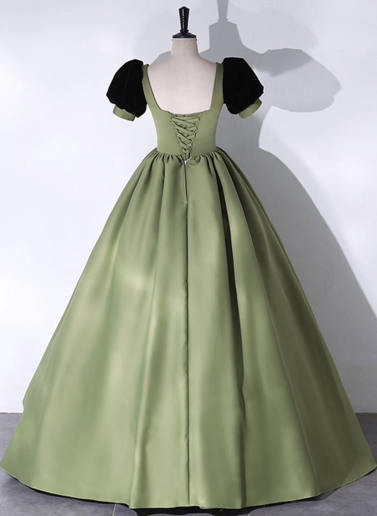 Green Satin Short Sleeves Long Evening Dress, Green Satin Prom Dress ...