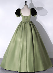 Green Satin Short Sleeves Long Evening Dress, Green Satin Prom Dress