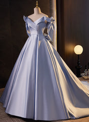 Glam Blue Satin Off Shoulder Long Party Dress Formal Dress, Blue Sweet 16 Dress