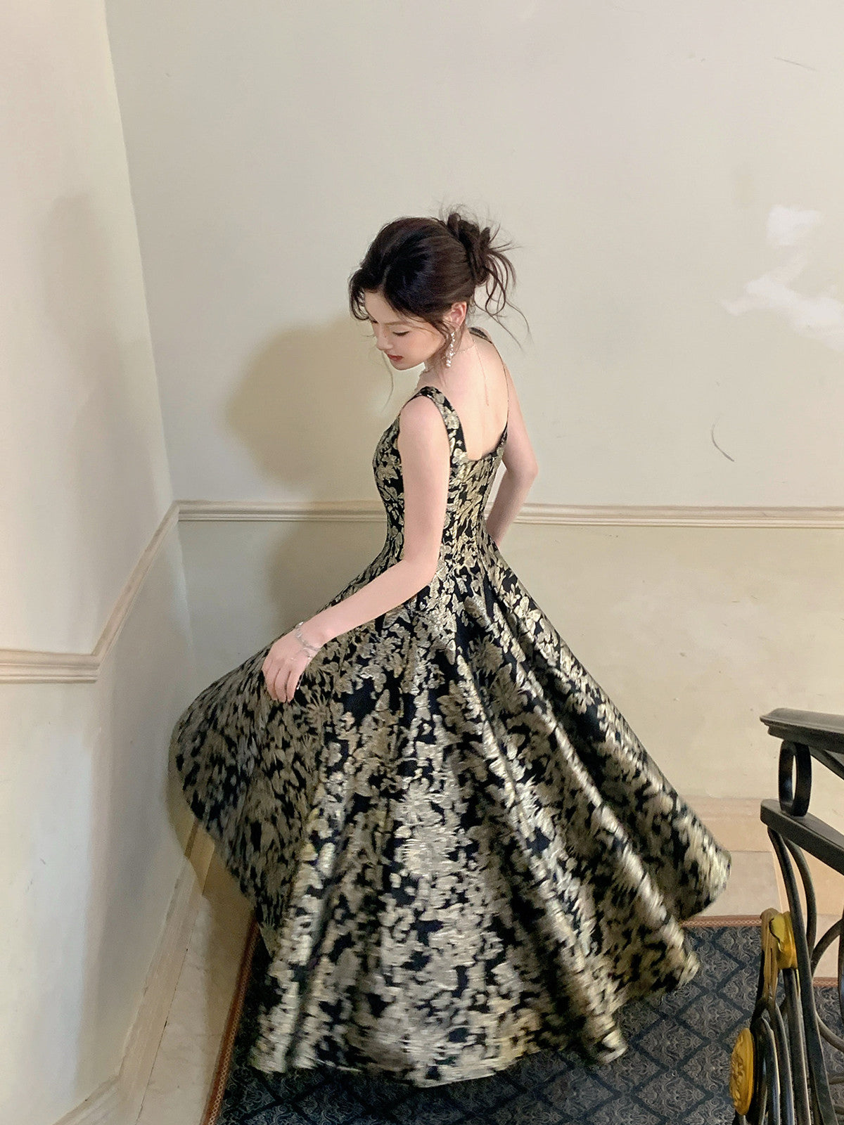 Black Floral A-Line Floor Length  Prom Dress, Black Scoop Neckline Long Party Dress