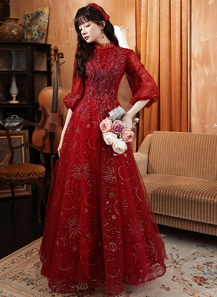 Wine Red Tulle Puffy Sleeves Sweetheart Long Formal Dress, Wine Red Long Prom Dress