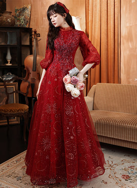 A-line Wine Red Tulle Puffy Sleeves Long Party Dress, Wine Red Long Prom Dress