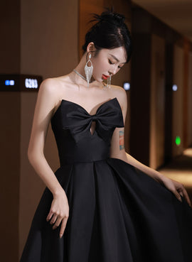 Black Satin High Low Sweetheart Homecoming Dress, Black Short Party Dress with Bow