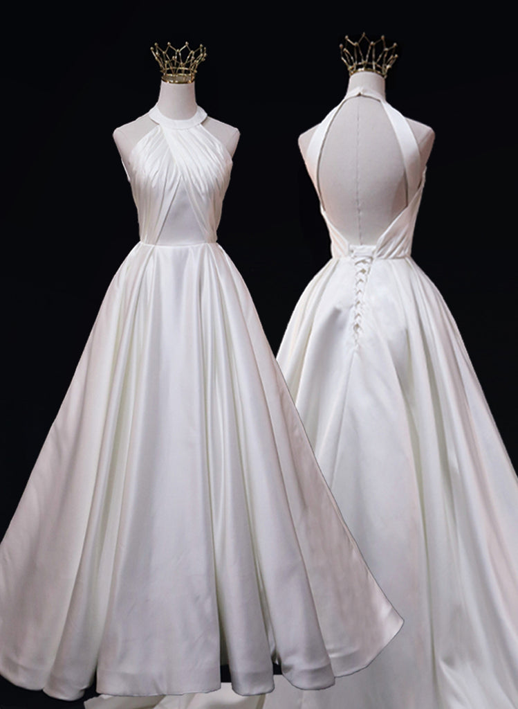 Sexy Halter Satin Pleated Chiffon White Long Prom Dress Evening Dress SP605 main image 1