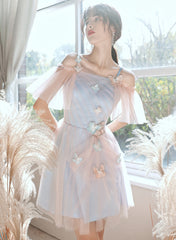 Cute Tulle Short Blue and Pink Party Dress, A-line Off Shoulder Homecoming Dress