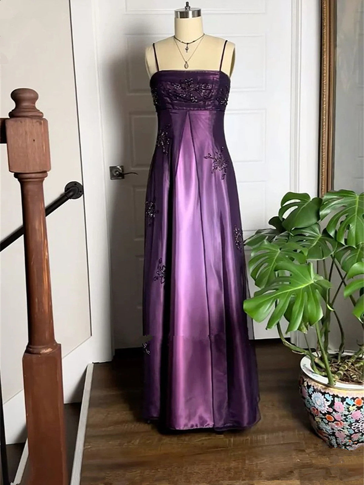 A-line Purple Straps Satin and Tulle Evening Dress, Purple Prom Dress Formal Dress